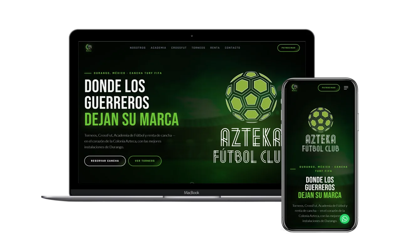Sitio web del club Azteka FC en laptop y móvil