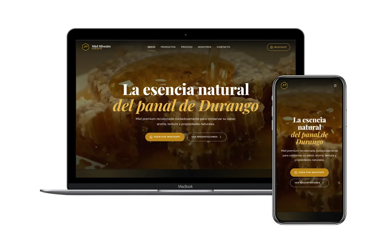Sitio web de Miel Saravia en laptop y móvil