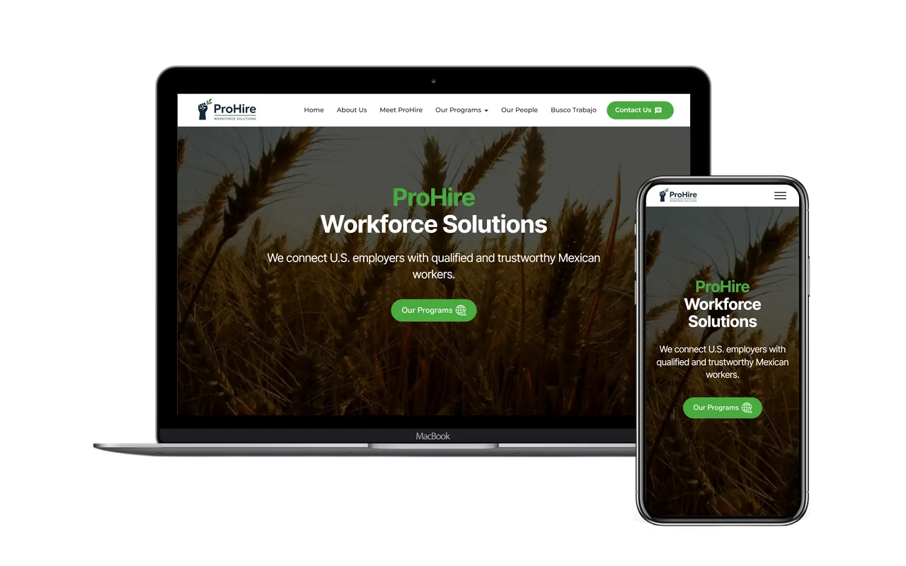 Sitio web de ProHire Workforce Solutions en laptop y móvil